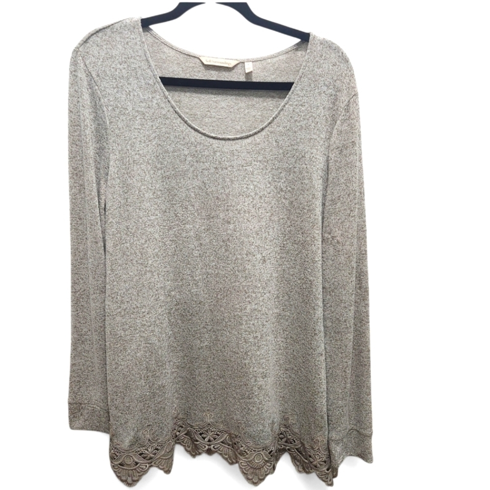Soft Surroundings Oatmeal Tan Crocheted Lace Trim Size L Light Sweater Tunic